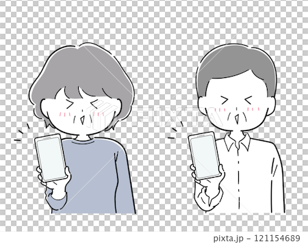 Set of smiling senior men and women holding smartphones 121154689