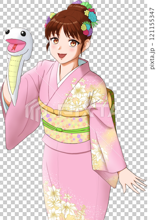 穿著粉紅色花和服的女孩與白色蛇木偶(全彩) 穿著粉紅色花和服的女孩與白色蛇木偶(全彩) 121155347