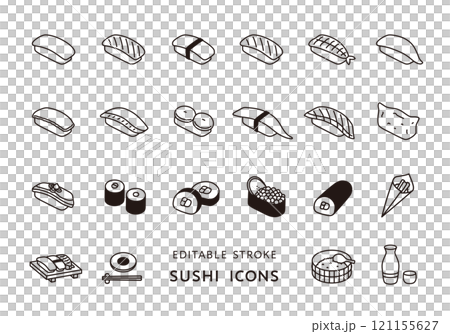お寿司にまつわるアイコンセット（モノクロ） 121155627