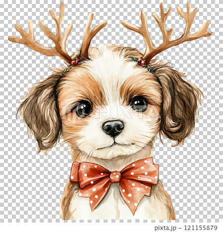 Cute dog with antlers and bow tie for holidays 121155879