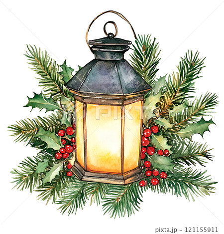 festive lantern surrounded by holly and pine branches 121155911