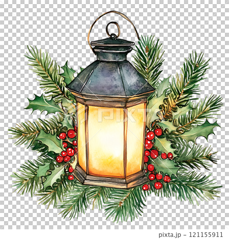 festive lantern surrounded by holly and pine branches 121155911