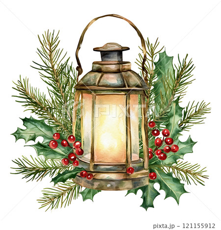 Vintage lantern with holly and pine branches for Christmas decor 121155912