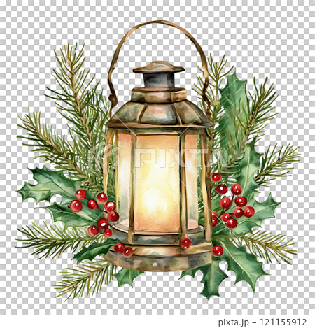 Vintage lantern with holly and pine branches for Christmas decor 121155912