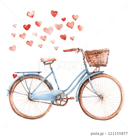 vintage blue bicycle with basket surrounded by hearts, symbolizing love vintage blue bicycle with basket surrounded by hearts, symbolizing love 121155977