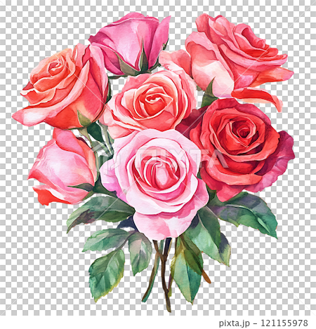 beautiful bouquet of pink and red roses with green leaves. Perfect for gifts beautiful bouquet of pink and red roses with green leaves. Perfect for gifts 121155978