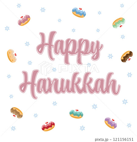Happy Hanukkah greeting card with colorful jelly donuts and bright blue stars of david on a white background 121156151