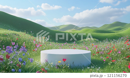 round podium surrounded by colorful flowers in vibrant field 121156270