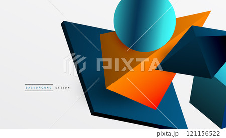 Abstract design showcasing isometric cubes, pyramids, squares, and spheres in a vibrant 3D layout. Modern and dynamic, perfect for tech, design, or futuristic themes 121156522