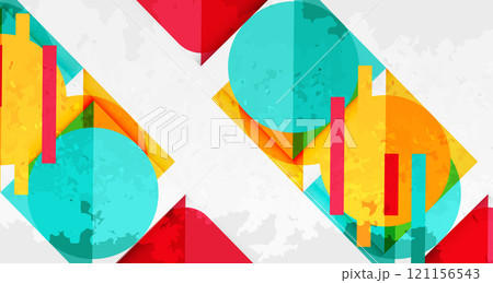 Squares, circles and triangles and grainy noisy texture. Vector Illustration For Wallpaper, Banner, Background, Card, Book Illustration, landing page 121156543