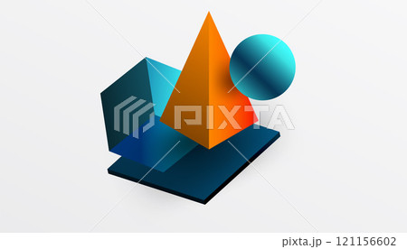 Abstract design showcasing isometric cubes, pyramids, squares, and spheres in a vibrant 3D layout. Modern and dynamic, perfect for tech, design, or futuristic themes 121156602