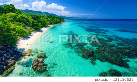stunning aerial view of tropical beach with clear turquoise water, lush greenery, and rocky 121156625