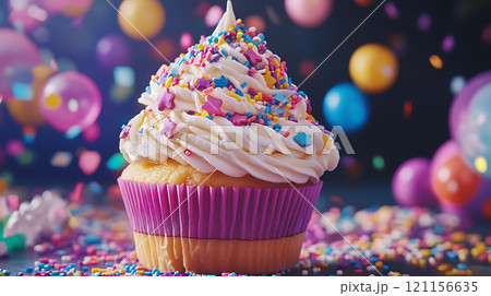 colorful cupcake topped with frosting and sprinkles, perfect for celebrations colorful cupcake topped with frosting and sprinkles, perfect for celebrations 121156635