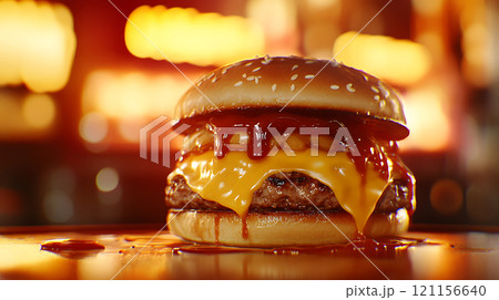 delicious double cheeseburger with melted cheese and ketchup delicious double cheeseburger with melted cheese and ketchup 121156640