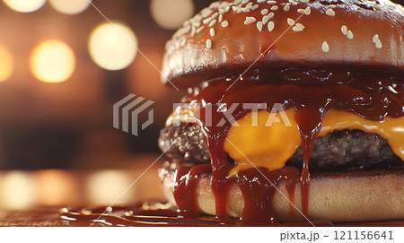 close up of double cheeseburger dripping with sauce and cheese 121156641
