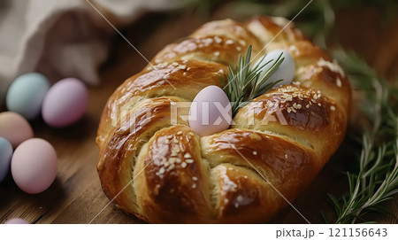 Freshly baked Easter bread with colorful eggs and rosemary garnish Freshly baked Easter bread with colorful eggs and rosemary garnish 121156643
