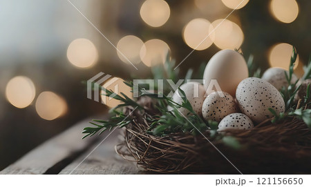 close up of nest filled with speckled eggs surrounded by greenery 121156650