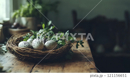 close up of nest filled with speckled eggs and greenery 121156651