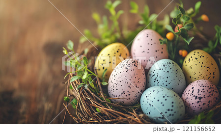 close up of nest filled with colorful speckled eggs and greenery 121156652