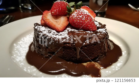rich molten chocolate cake topped with fresh strawberries and powdered sugar 121156653