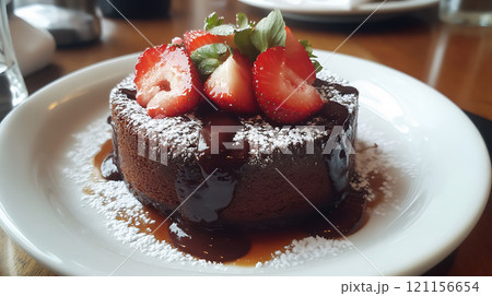 rich molten chocolate cake topped with fresh strawberries and mint 121156654