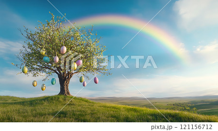 vibrant rainbow arches over tree adorned with colorful Easter eggs, creating magical scene vibrant rainbow arches over tree adorned with colorful Easter eggs, creating magical scene 121156712