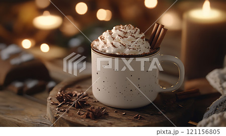 cozy mug of hot chocolate topped with whipped cream and cinnamon sticks 121156805