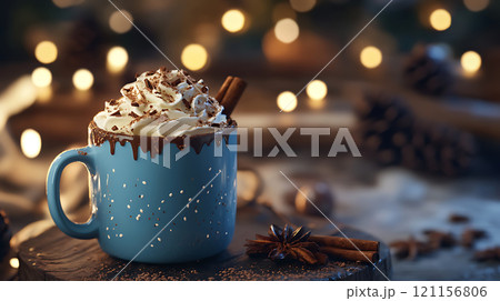 cozy mug of hot chocolate topped with whipped cream and spices 121156806