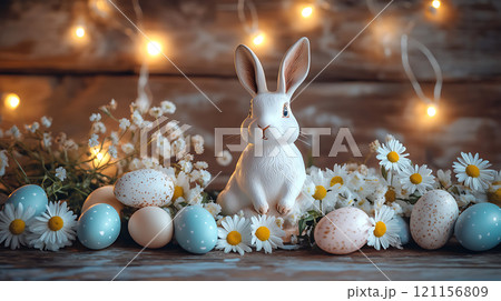 whimsical white rabbit figurine surrounded by colorful eggs and flowers 121156809