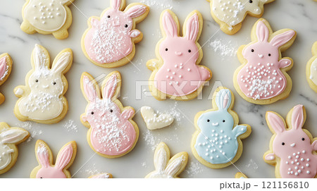 Delightful bunny shaped cookies with pastel icing and sprinkles 121156810