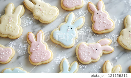 Whimsical bunny shaped cookies with pastel icing and sprinkles 121156811
