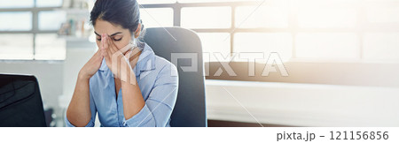 Stress, tired and laptop with business woman in office for frustrated, connection glitch and brain fog. Mistake, banner and mental health with employee for online policy, bug report and crisis Stress, tired and laptop with business woman in office for frustrated, connection glitch and brain fog. Mistake, banner and mental health with employee for online policy, bug report and crisis 121156856