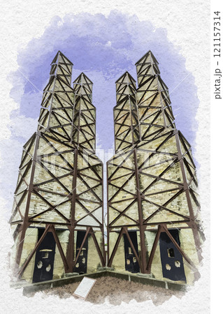 水彩画風　伊豆　韮山反射炉　静岡県伊豆の国市 121157314