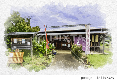 水彩画風　伊豆　蛭ヶ島公園　蛭ケ島茶屋　静岡県伊豆の国市 121157325