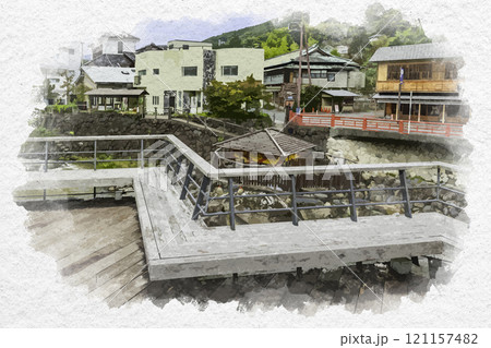 水彩画風　伊豆修善寺　とっこの湯公園　リバーテラス　静岡県伊豆市 121157482