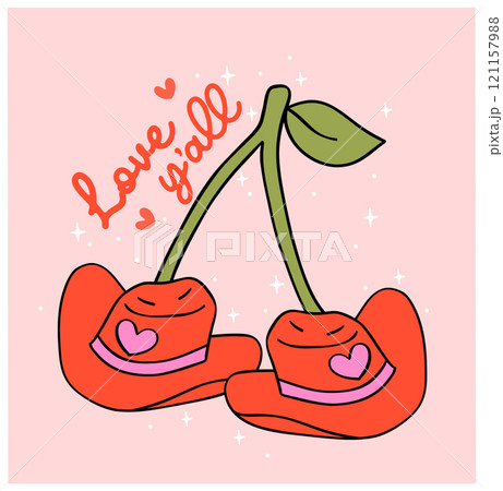 Cute Retro Red Cowboy Hat Cherries liked Western Valentine Love yall Hand Drawn Bold Design 121157988