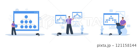 Sitemap Creation concept. Set of Vector illustrations. Website SEO management. Male Developers organizes site structure. Search optimization. Flowchart UI UX Sitemap Creation concept. Set of Vector illustrations. Website SEO management. Male Developers organizes site structure. Search optimization. Flowchart UI UX 121158144
