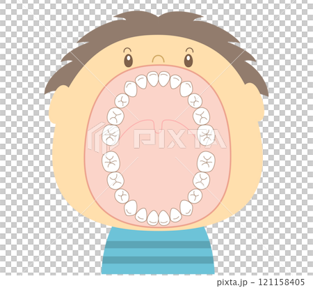 大きな口を開けた混合歯列期の子供の歯のイラスト 121158405