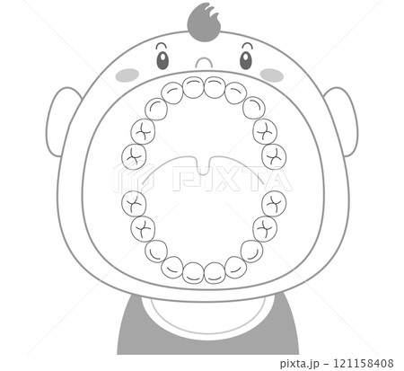 白黒 大きな口を開けた赤ちゃんの歯のイラスト 121158408