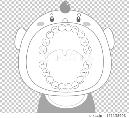 白黒 大きな口を開けた赤ちゃんの歯のイラスト 121158408