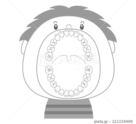 白黒 大きな口を開けた混合歯列期の子供の歯のイラスト 白黒 大きな口を開けた混合歯列期の子供の歯のイラスト 121158409