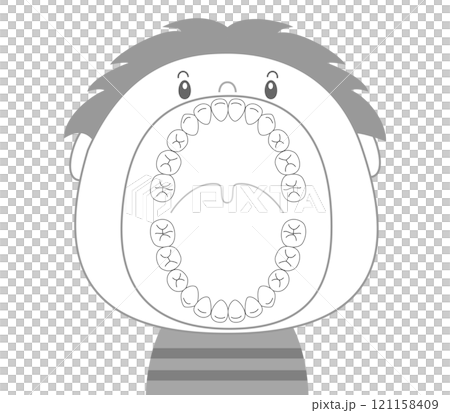 白黒 大きな口を開けた混合歯列期の子供の歯のイラスト 白黒 大きな口を開けた混合歯列期の子供の歯のイラスト 121158409