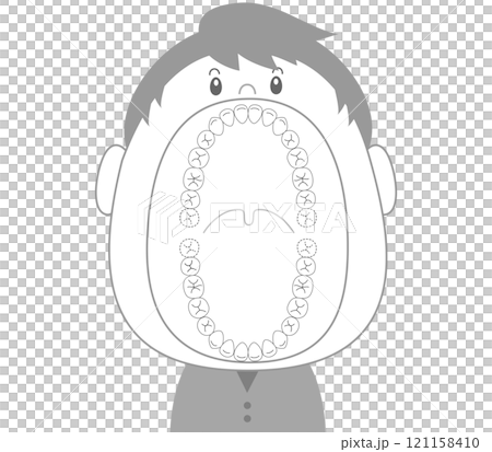 張大嘴的成年牙齒的黑白插圖 121158410