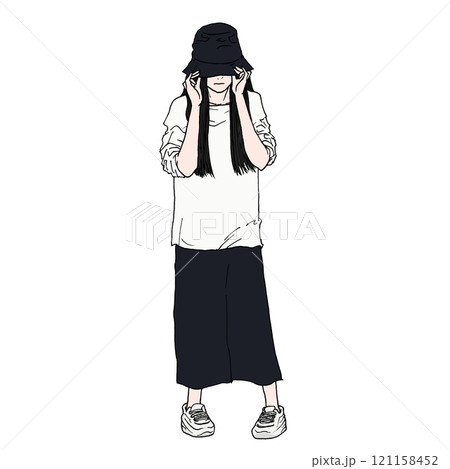 バケットハットを深くかぶるロングヘアの女性（カラー） 121158452