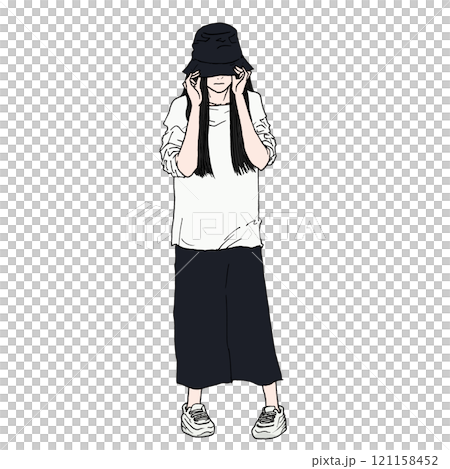 バケットハットを深くかぶるロングヘアの女性（カラー） 121158452