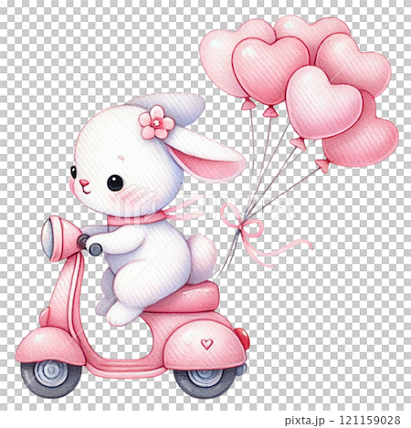 Cute bunny riding a scooter with heart-shaped balloons. Valentine's cartoon character. 121159028