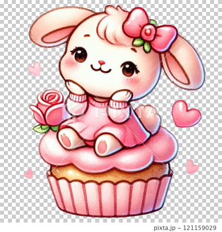 Cute bunny sitting on a cupcake with pink frosting and roses. Valentine's cartoon character. 121159029