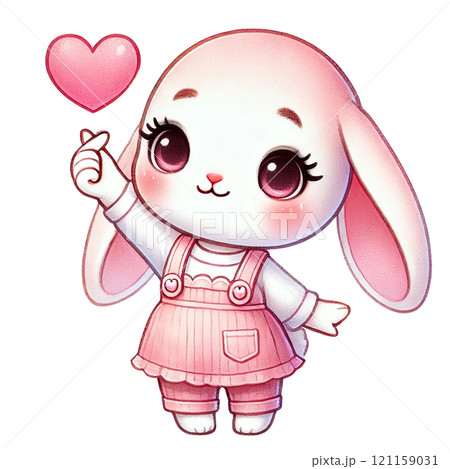 Cute cartoon bunny character holding a heart with joy and love. Valentine's cartoon character. Cute cartoon bunny character holding a heart with joy and love. Valentine's cartoon character. 121159031