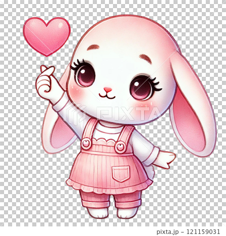 Cute cartoon bunny character holding a heart with joy and love. Valentine's cartoon character. Cute cartoon bunny character holding a heart with joy and love. Valentine's cartoon character. 121159031