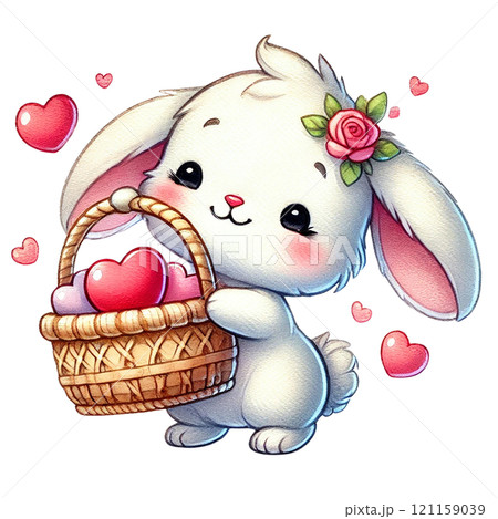 Cute rabbit holding a basket of hearts, perfect for Valentine's day. Valentine's cartoon character. 121159039